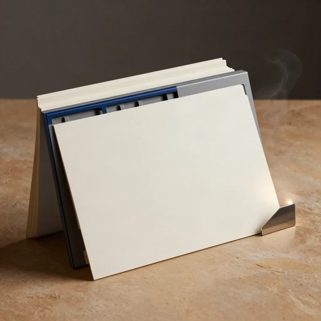 Upright form-builder module with arcing sheets and a metal clip on stone.