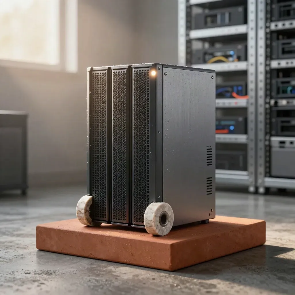 Compact server-like cloud hosting monolith on terracotta clay with mist and cool gray metal.