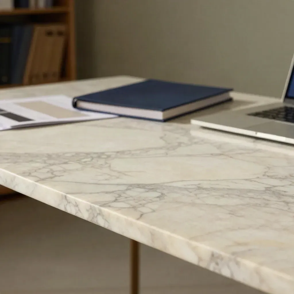 Marble tabletop with blurred website boards, laptop silhouette, and calm copy space